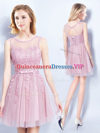 Glittering Scoop Mini Length Pink Vestidos de Damas Tulle Sleeveless Appliques and Belt - Click Image to Close