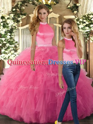 Custom Made Hot Pink Tulle Backless Halter Top Sleeveless Floor Length Sweet 16 Dress Beading and Ruffles