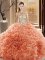 Backless Peach Ball Gown Prom Dress Organza Court Train Sleeveless Embroidery and Ruffles
