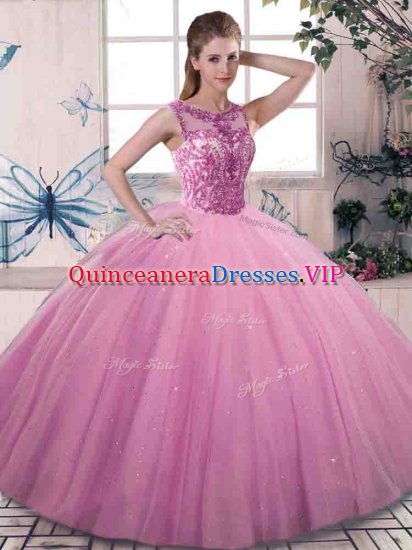 Rose Pink Ball Gowns Tulle Scoop Sleeveless Beading Floor Length Lace Up Quinceanera Gowns - Click Image to Close
