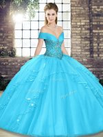 Spectacular Aqua Blue Tulle Lace Up 15 Quinceanera Dress Sleeveless Floor Length Beading and Ruffles(SKU SJQDDT2087002-11BIZ)