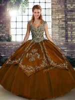 Brown Sleeveless Tulle Lace Up 15th Birthday Dress for Military Ball and Sweet 16 and Quinceanera(SKU SJQDDT2135002-10BIZ)