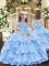 Pretty Baby Blue Ball Gowns High-neck Sleeveless Organza Floor Length Lace Up Appliques and Ruffled Layers Pageant Gowns
