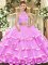 Lilac Sweet 16 Dresses Military Ball and Quinceanera with Beading and Ruffled Layers Halter Top Sleeveless Criss Cross