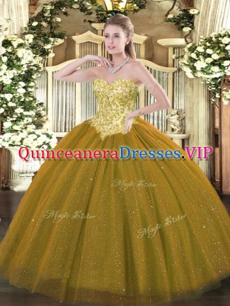 Eye-catching Brown Tulle and Sequined Lace Up Sweetheart Sleeveless Floor Length Quinceanera Gown Appliques