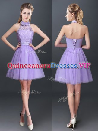 Classical Halter Top Sleeveless Tulle Mini Length Lace Up Quinceanera Court Dresses in Lavender with Lace and Appliques
