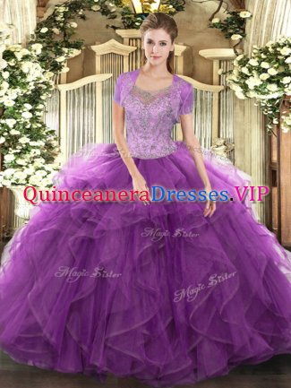 Fancy Floor Length Clasp Handle Quince Ball Gowns Eggplant Purple for Military Ball and Sweet 16 with Beading and Ruffled Layers