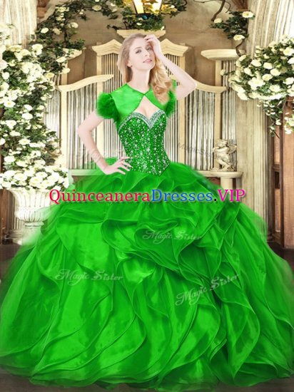 Green Lace Up Quince Ball Gowns Beading and Ruffles Sleeveless Floor Length - Click Image to Close
