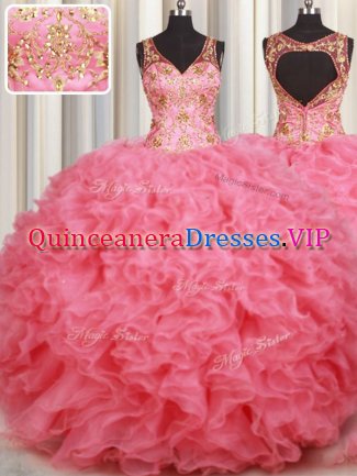 Smart Pink Organza Backless V-neck Sleeveless Floor Length Sweet 16 Dresses Beading and Ruffles