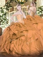 Sleeveless Organza Floor Length Lace Up Quinceanera Dresses in Brown with Beading and Ruffles