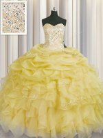 Shining Ball Gowns Quinceanera Gowns Light Yellow Sweetheart Organza Sleeveless Floor Length Lace Up