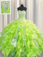 Best Selling Visible Boning Sweetheart Sleeveless Quinceanera Dresses Floor Length Beading and Ruffles and Sequins Yellow Green Organza and Sequined