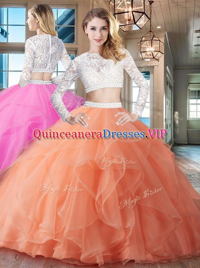 Stylish Orange Two Pieces Scoop Long Sleeves Organza Brush Train Zipper Beading and Lace and Ruffles Quinceanera Dresses - Click Image to Close