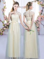 Glittering Cap Sleeves Zipper Floor Length Lace and Bowknot Quinceanera Dama Dress