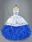 Sweetheart Sleeveless Sweet 16 Dresses Brush Train Beading and Embroidery and Ruffles Blue And White Organza