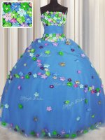 Customized Strapless Sleeveless 15 Quinceanera Dress Floor Length Hand Made Flower Blue Tulle