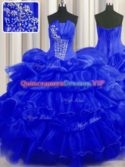 Dazzling Royal Blue Ball Gowns Organza Strapless Sleeveless Beading and Ruffles and Pick Ups Floor Length Lace Up Quinceanera Dress - Click Image to Close