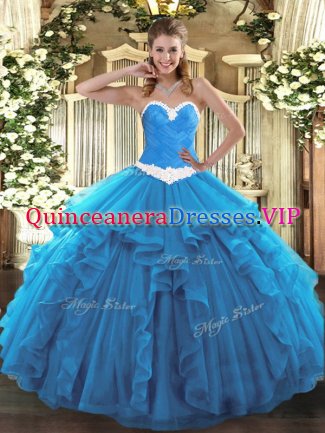 Sleeveless Floor Length Appliques and Ruffles Lace Up Sweet 16 Quinceanera Dress with Baby Blue