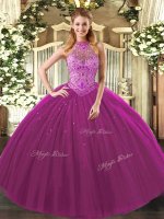 High Class Fuchsia Halter Top Neckline Beading and Embroidery Military Ball Dresses Sleeveless Lace Up