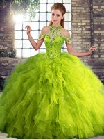 Enchanting Halter Top Sleeveless Quince Ball Gowns Floor Length Beading and Ruffles Olive Green Tulle
