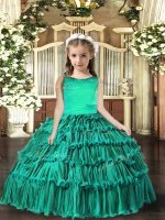 Floor Length Lace Up Little Girls Pageant Dress Turquoise for Party and Wedding Party with Ruffled Layers