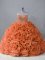 Graceful Brush Train Ball Gowns 15th Birthday Dress Orange Sweetheart Fabric With Rolling Flowers Sleeveless Lace Up