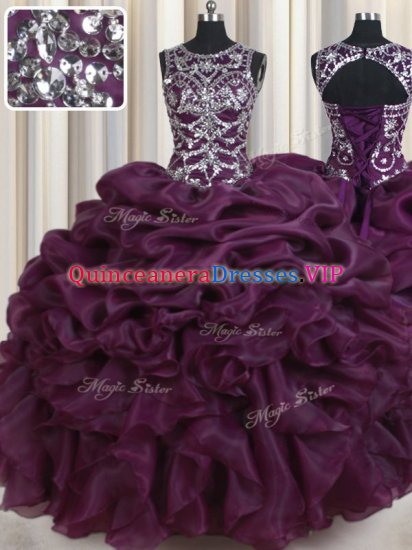 Dark Purple Organza Lace Up Scoop Sleeveless Floor Length 15th Birthday Dress Beading and Ruffles and Pick Ups - Click Image to Close