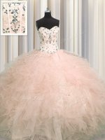 Hot Selling Visible Boning Pink Lace Up Quinceanera Gown Beading and Appliques and Ruffles Sleeveless Floor Length