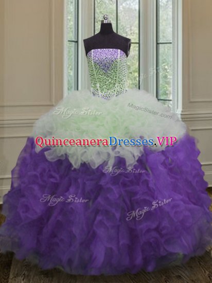 White And Purple Lace Up Strapless Beading and Ruffles Quinceanera Gown Organza Sleeveless - Click Image to Close