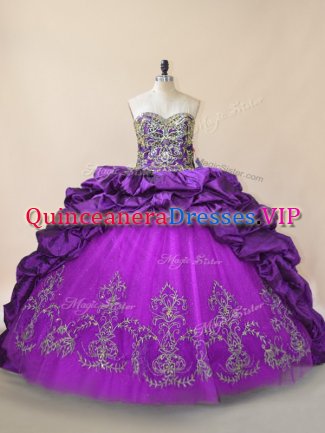 Adorable Taffeta and Tulle Sweetheart Sleeveless Brush Train Lace Up Beading and Pick Ups Sweet 16 Dresses in Purple