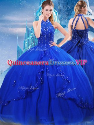 Brush Train Ball Gowns Ball Gown Prom Dress Royal Blue High-neck Tulle Sleeveless Lace Up