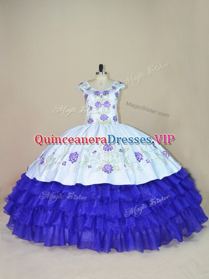 Edgy White And Purple Satin and Organza Lace Up V-neck Cap Sleeves Floor Length Quinceanera Gowns Embroidery and Ruffled Layers - Click Image to Close