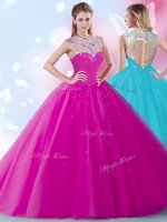 Scoop Fuchsia Quinceanera Gown Military Ball and Sweet 16 and Quinceanera with Beading and Sequins High-neck Sleeveless Zipper(SKU SJQDDT850002BIZ)