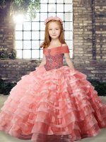 Watermelon Red Organza Lace Up Little Girls Pageant Dress Sleeveless Brush Train Beading and Ruffled Layers(SKU PAG1219-1BIZ)