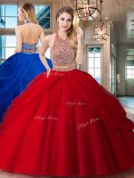 Halter Top Red Backless Sweet 16 Dress Beading and Pick Ups Sleeveless Floor Length