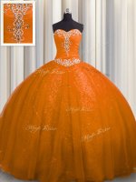 Court Train Sequined Rust Red Sleeveless With Train Beading and Appliques Lace Up Sweet 16 Dresses
