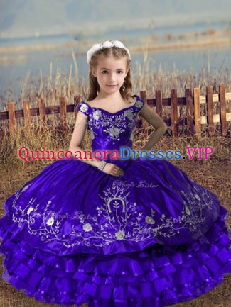 Floor Length Lace Up Winning Pageant Gowns Purple for Wedding Party with Embroidery and Ruffled Layers