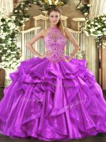 Eye-catching Sleeveless Organza Floor Length Lace Up Quinceanera Dress in Purple with Beading and Embroidery and Ruffles(SKU SJQDDT1140002-1BIZ)