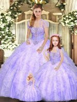 Floor Length Lace Up 15 Quinceanera Dress Lavender for Military Ball and Sweet 16 and Quinceanera with Beading and Appliques and Ruffles