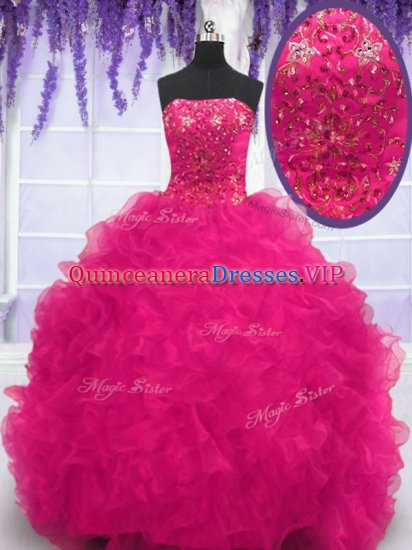 Fuchsia Lace Up Strapless Beading and Ruffles Quinceanera Gowns Organza Sleeveless Brush Train - Click Image to Close