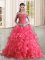 Most Popular Sweep Train A-line Quince Ball Gowns Coral Red Off The Shoulder Organza Sleeveless Lace Up