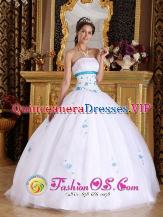 Tamboril Dominican Republic Appliques Decorate For Vintage White Strapless Quinceanera Dress With White Tulle