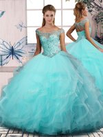 Sleeveless Tulle Floor Length Lace Up Quinceanera Dress in Aqua Blue with Beading and Ruffles