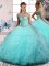 Sleeveless Tulle Floor Length Lace Up Quinceanera Dress in Aqua Blue with Beading and Ruffles