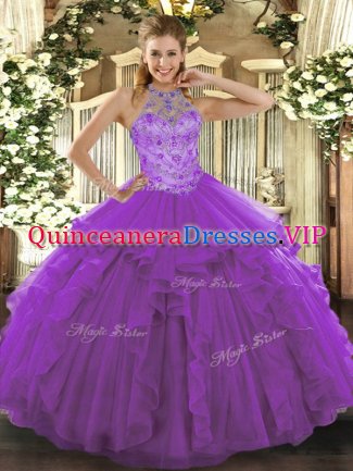 Purple Ball Gowns Beading and Embroidery Quinceanera Gowns Lace Up Organza Sleeveless Floor Length