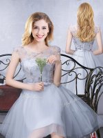 Modern Grey Scoop Lace Up Lace and Appliques and Belt Vestidos de Damas Cap Sleeves