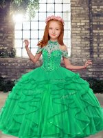 High-neck Sleeveless Pageant Dress for Girls Floor Length Beading and Ruffles Turquoise Tulle