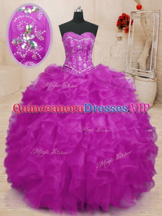Ideal Fuchsia Lace Up Quinceanera Dresses Beading and Ruffles Sleeveless Floor Length