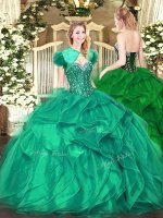 Inexpensive Turquoise Sleeveless Beading and Ruffles Floor Length Vestidos de Damas