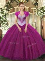 Stylish Sleeveless Tulle Floor Length Lace Up Sweet 16 Dress in Fuchsia with Beading and Sequins